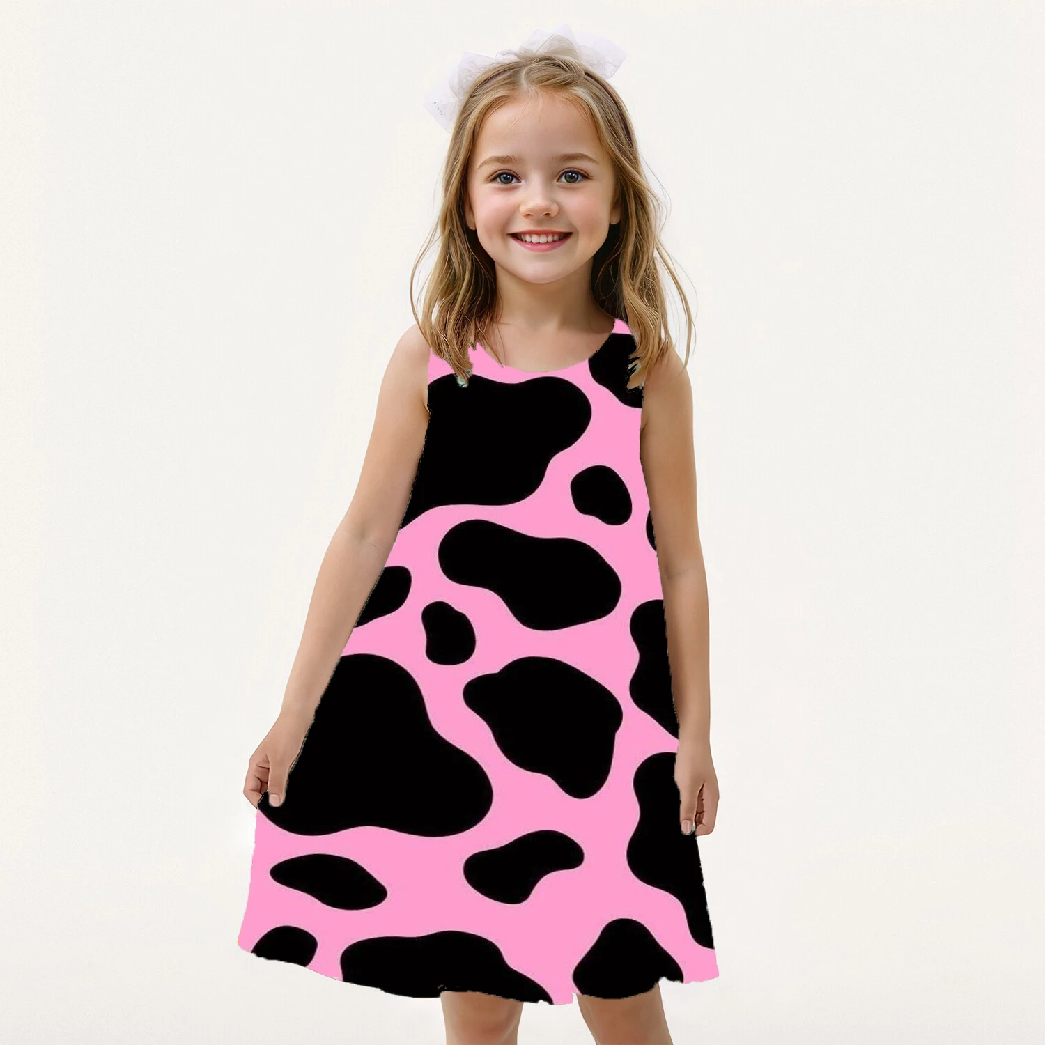 Summer Cute Girl Milk Cow Print Dress Sleeveless Round Neck Fun Princess Dress Fashionable Casual Loose Comfortable Dress