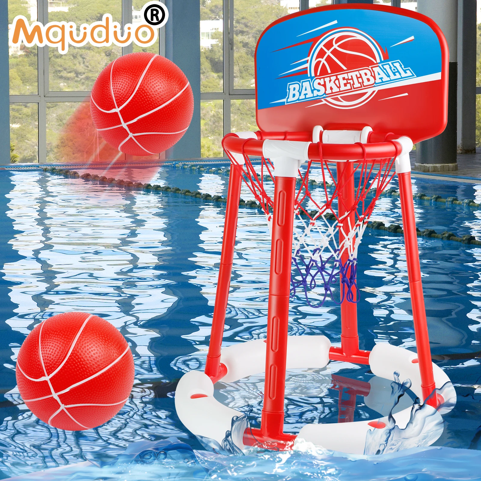 Floating Pool Basketball Hoop with Backboard, 2 Balls & Pump – Stable 4-Leg Set for Indoor/Outdoor Kids Water Play