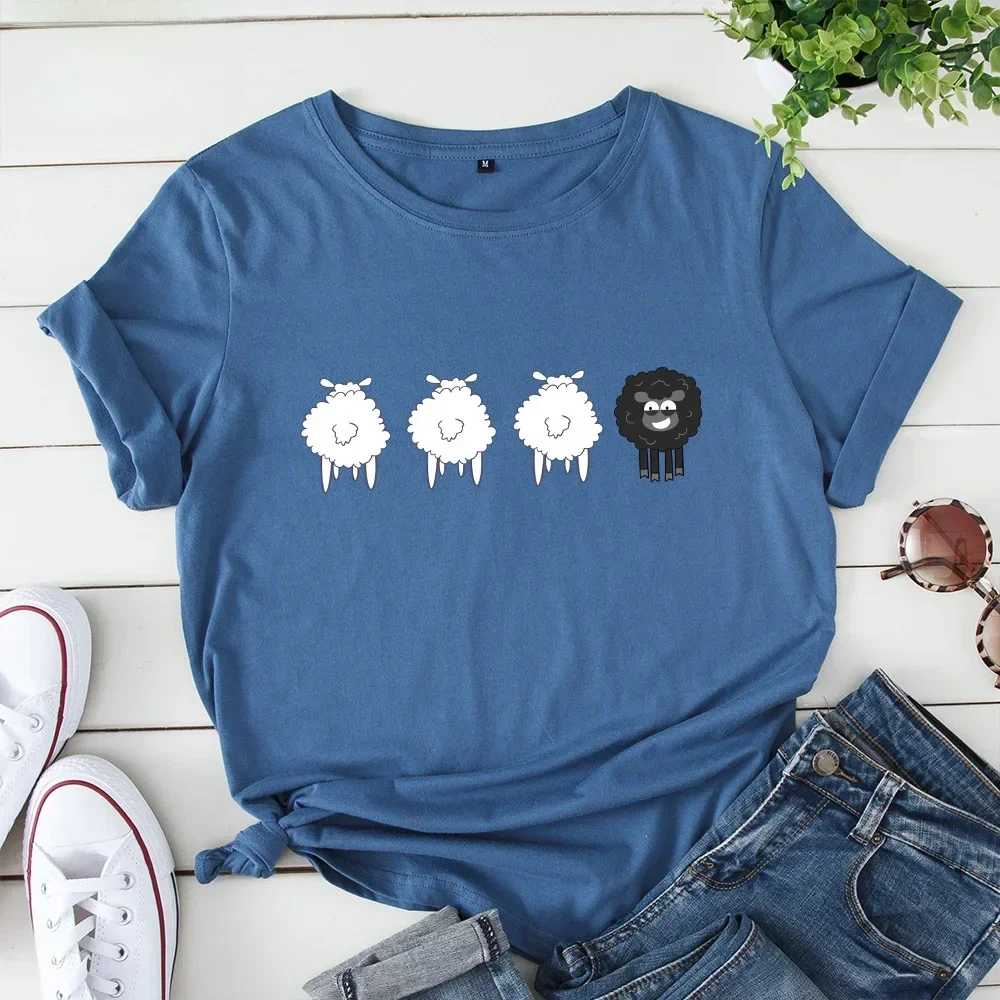 2024 Letnie koszulki damskie Sheep Graphic T Shirts Koszulki z krótkim rękawem T-Shirt damski Topy Oversize Bawełniana koszulka Odzież damska — zdjęcie 2