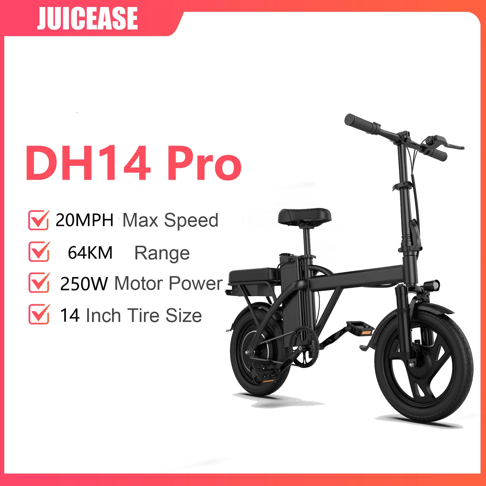 JUICEASE DH14 Elektrische fiets Maximale snelheid 25 km/u Bereik 48-64 km Fiets 250 W Krachtige motor Dubbele schokdemping Stads elektrische fiets