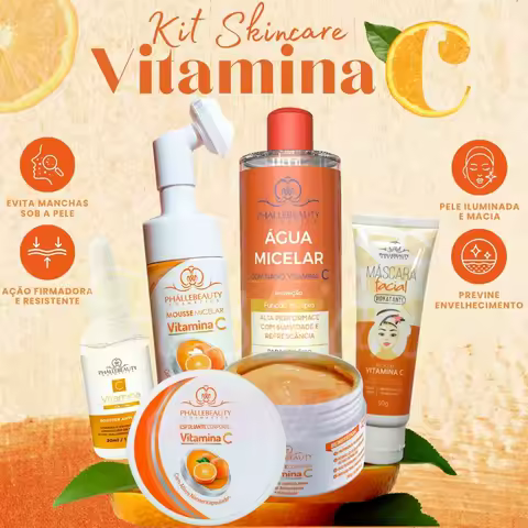 Kit Skincare Vitamina C 5 Itens Sérum Máscara Mousse Água Micelar Esfoliante - Phállebeauty