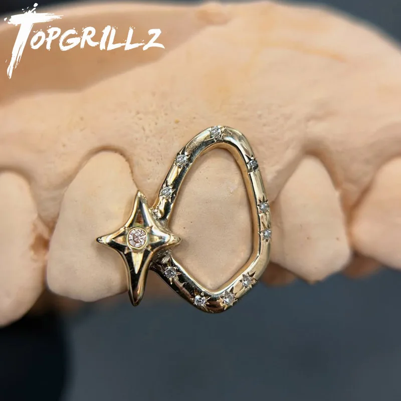 Topgrillz esqueleto único geométrico gelado estrela zircão dentes grillz vintage cz pedra dente bonés para mulheres presente de halloween