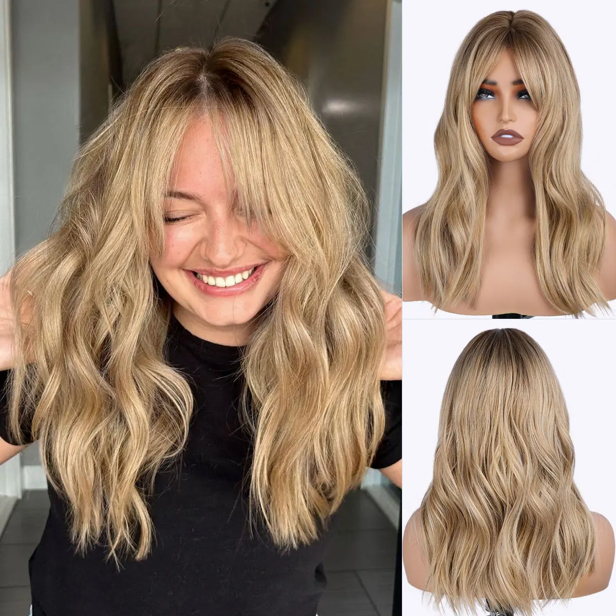 

Dirty blonde heat-resistant synthetic wig with bangs, wavy gradient blonde wig, dark roots, suitable for everyday wear by women