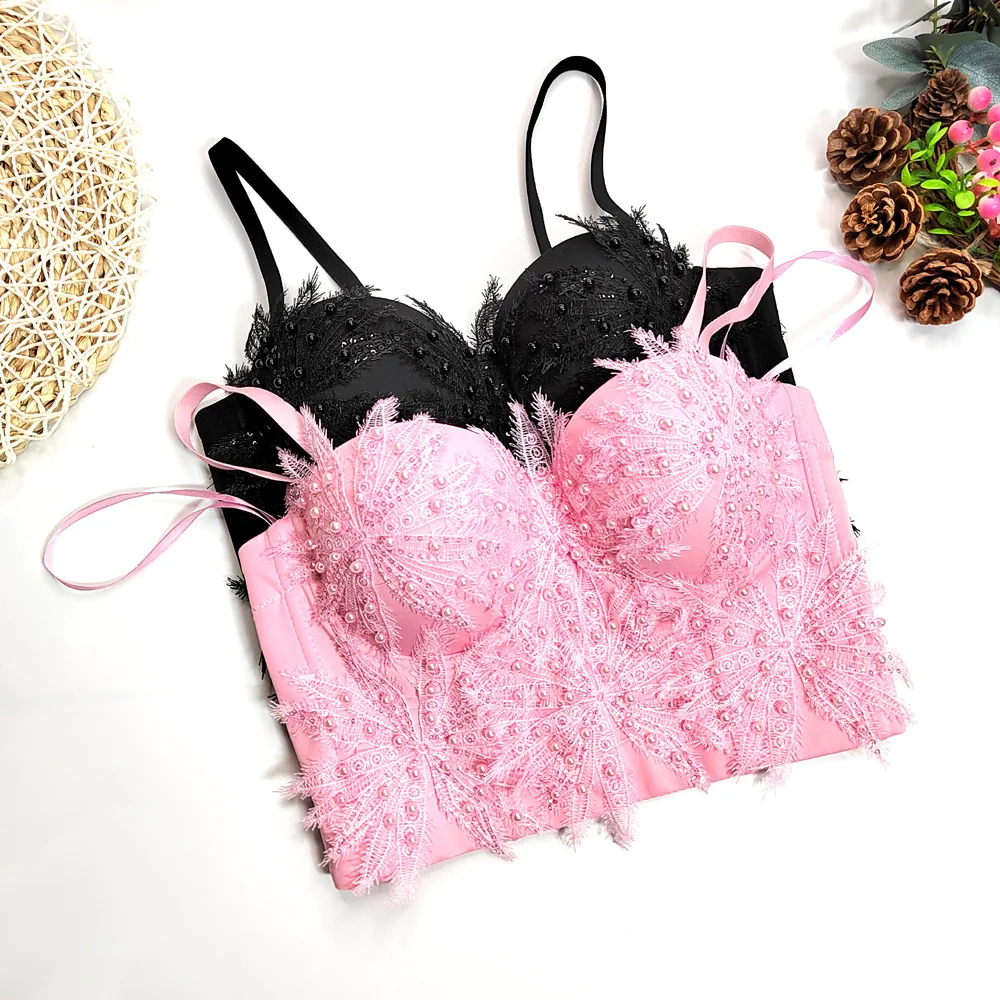 

Women Tank Summer New flower embroidery camisole Feather Decoration Sexy Corset Elastic Women Crop Top lace pearl bra underwear