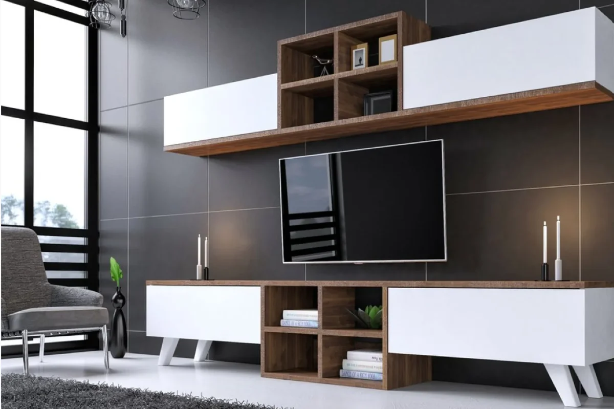 Ubbu Home White TV Unit-Modern Shelf Walnut