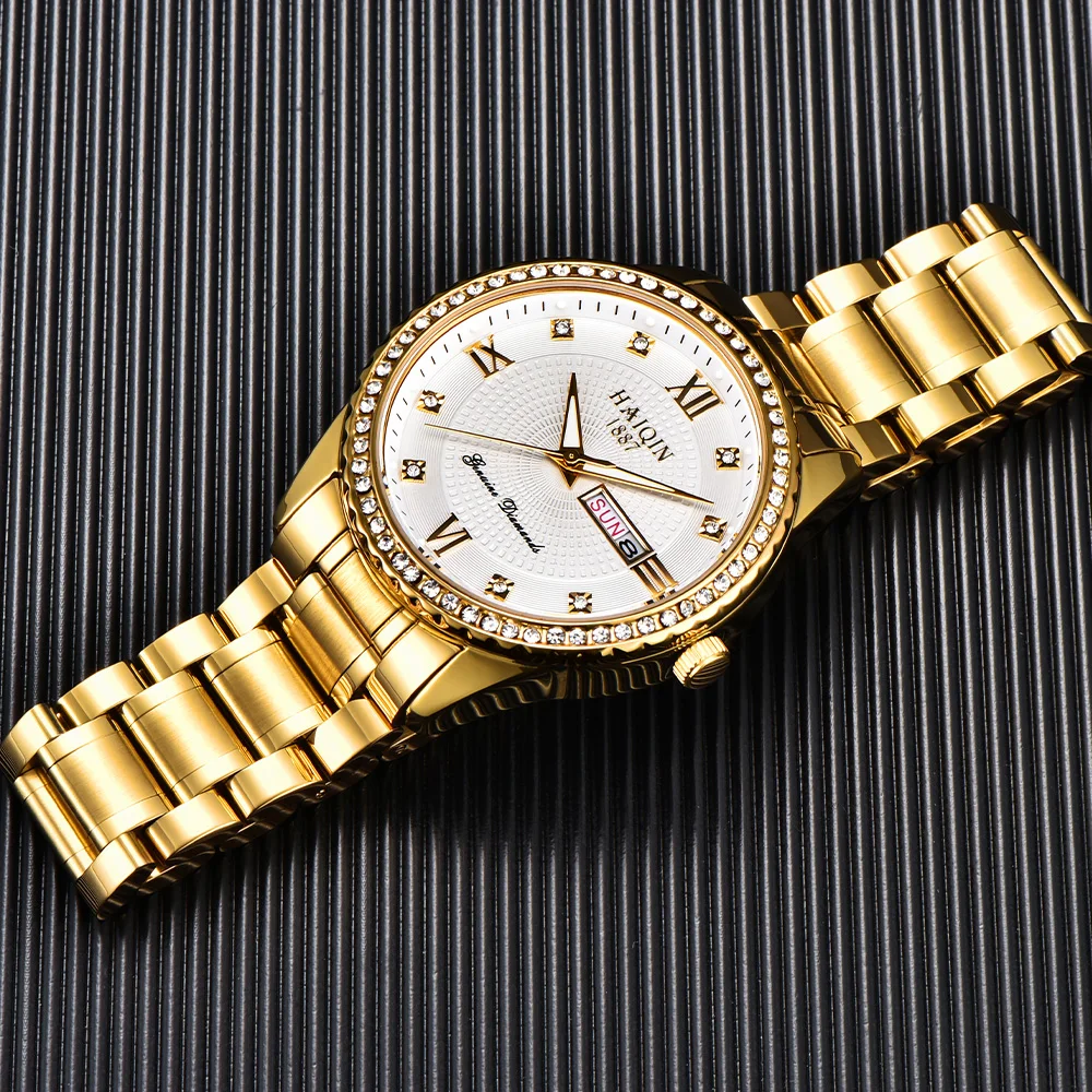 2026 HAIQIN brand men's quartz watches top light luxury gold white men's stainless steel watch calendar week clock casual watch