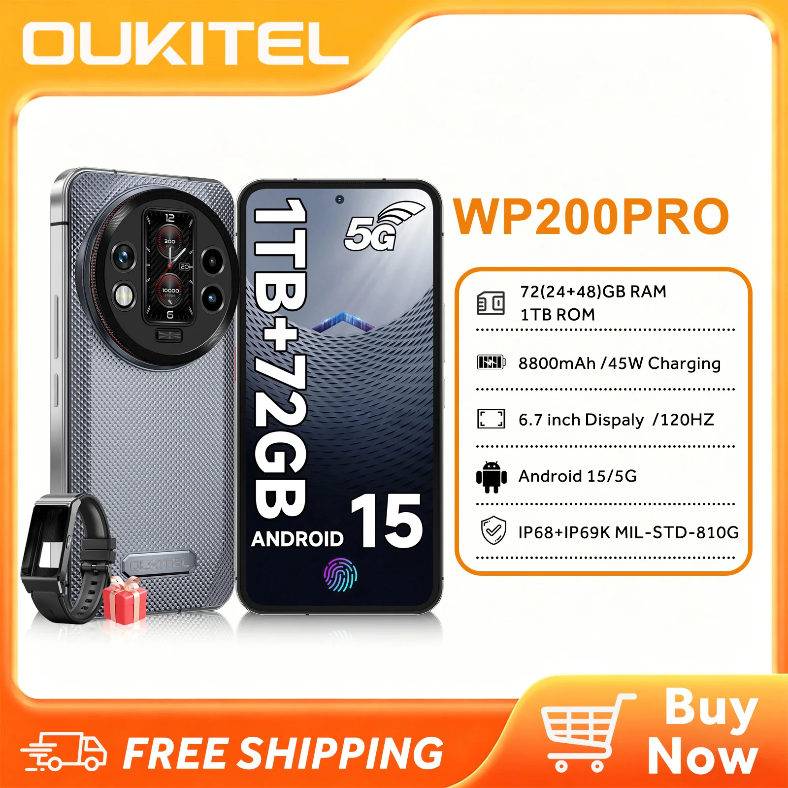 OUKITEL WP200 Pro, Teléfono Resistente con Android 15, 5G Desbloqueado, 72GB de RAM + 1TB de ROM, Smartphone Resistente con Auriculares/Reloj Inteligente, 8800mAh (45w) B