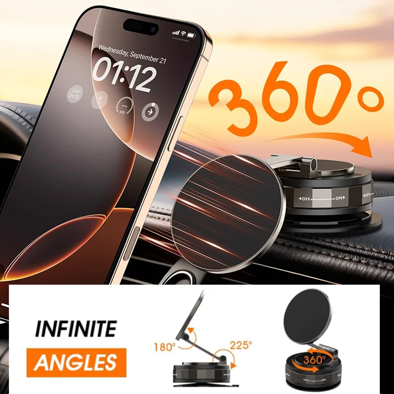 360をアップグレードしました °   真空磁気式車載スマホホルダー、吸盤付き、iPhone、Samsung、Xiaomi、全機種対応のユニバーサルフォンマウント