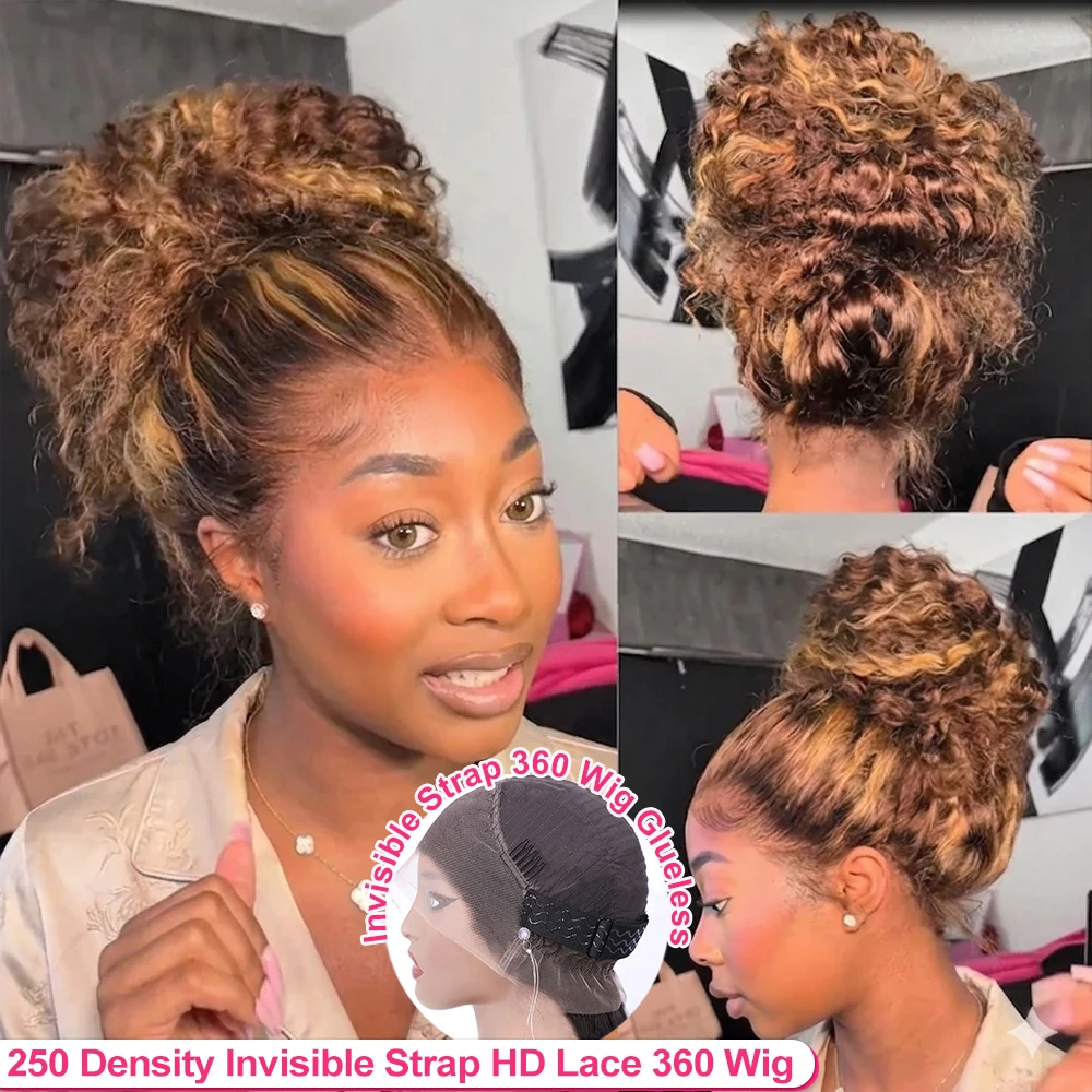 

Highlight Real Invisible Strap 360 Full HD Lace Glueless Wig 250 Density Curly Human Hair Lace Front Wigs Deep Wave Frontal Wig
