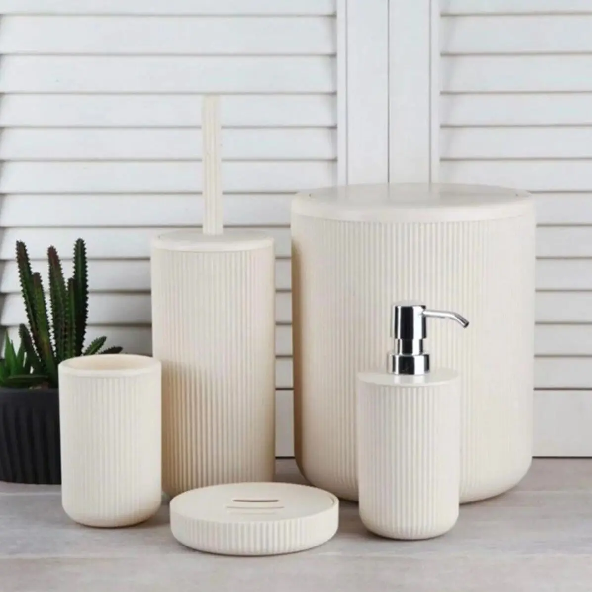 Bathroom Accessory Set 5 Pcs Cream Trash Can Liquid Soap Dispenser Solid Soap Dispenser Toothbrush Holder Toilet Brush Fastgrup