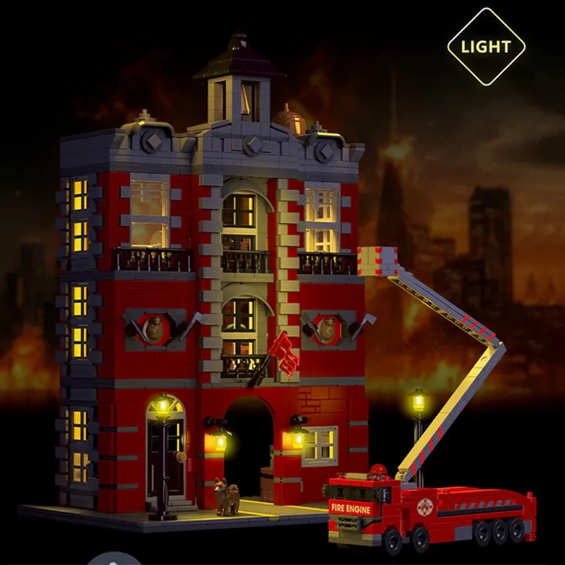 ชุดอาคารสถานีดับเพลิงสไตล์วินเทจ ฉากถนนเมือง สถาปัตยกรรมแบบโมดูลาร์ ชุดประกอบบล็อก ของเล่นเสริมพัฒนาการ ของขวัญ