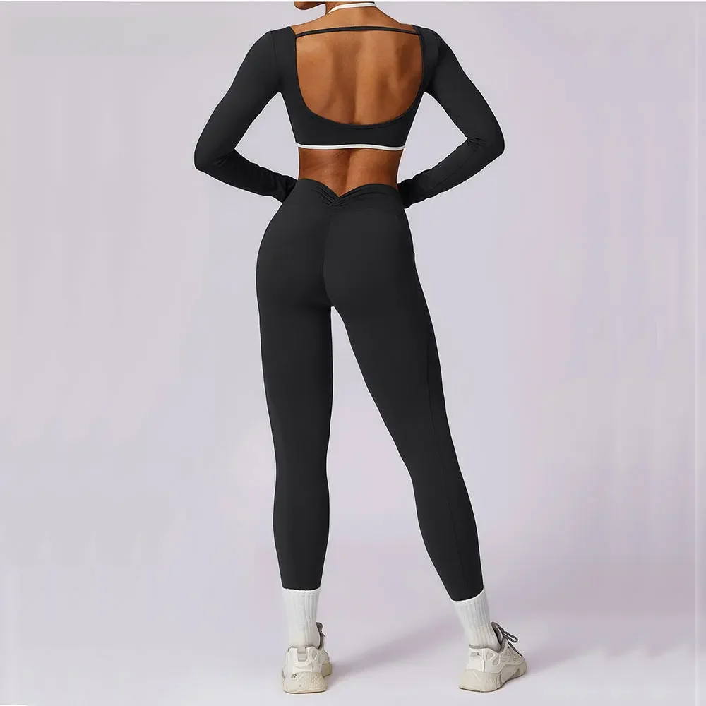 Dwuczęściowy damski dres do jogi, zestaw sportowy, odzież do ćwiczeń, ubrania na siłownię, fitness, top z długim rękawem, legginsy z wysokim stanem, komplety sportowe. — zdjęcie 2