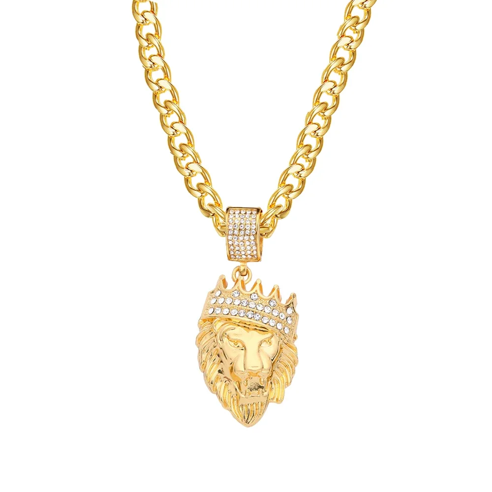 Korona ze stali nierdzewnej Łańcuch z lwem Wisiorek z głową Iced Out Bling Złoty naszyjnik zwierzęcy dla mężczyzn Biżuteria hip-hopowa Dropshipping — zdjęcie 2