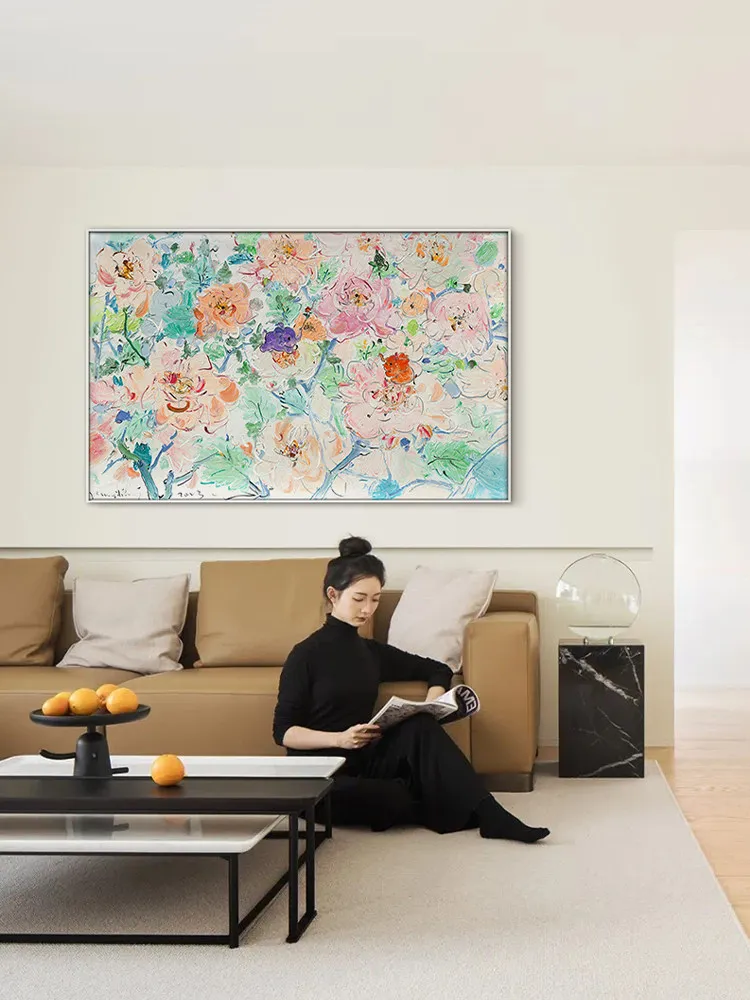 Limited Edition Expressionist Floral Wall Art, Colorful Thick Paint Peony Canvas, Aesthetic Boho Decor for Luxury Living Room