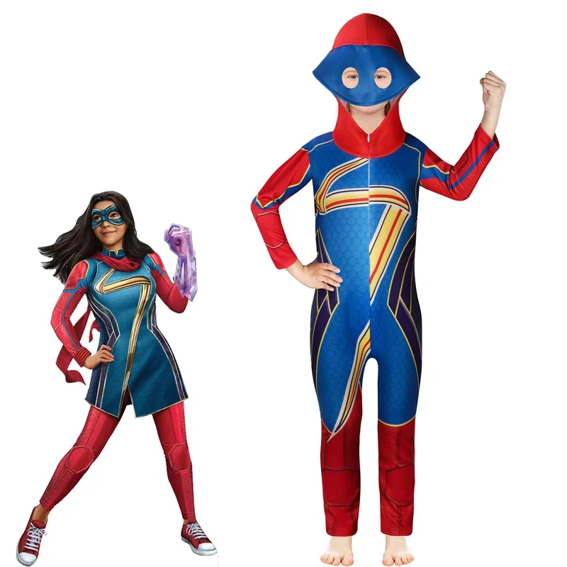 Traje de Cosplay de Kamala, conjunto completo de chaqueta de Halloween con máscara de ojos para niños, uniforme de Héroe de capitán, Ms