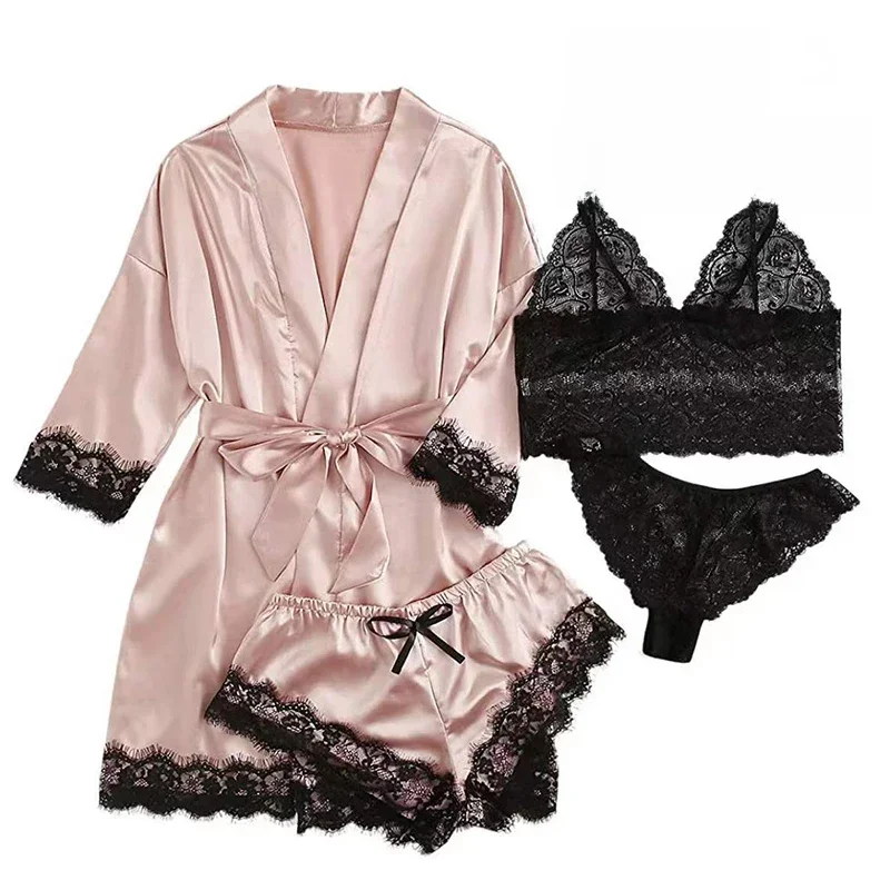 4-teilige Damen-Nachtwäsche, Pyjama-Serie mit Robe, sexy Spitze, Dessous, Bademantel, Seidensatin, für Zuhause, gekleidete Nachtwäsche