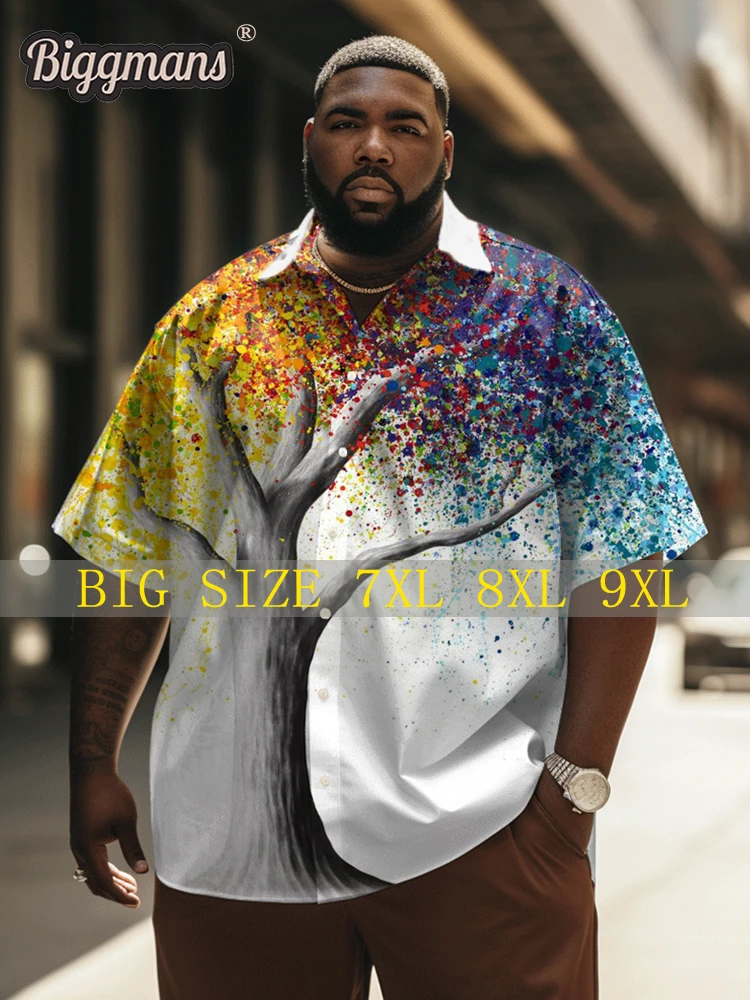 Biggmans (L-9XL)For Men\'s Plus Size Shirt Oil Painting Life Tree Print Short Sleeved Oversized Men\'s Shirt