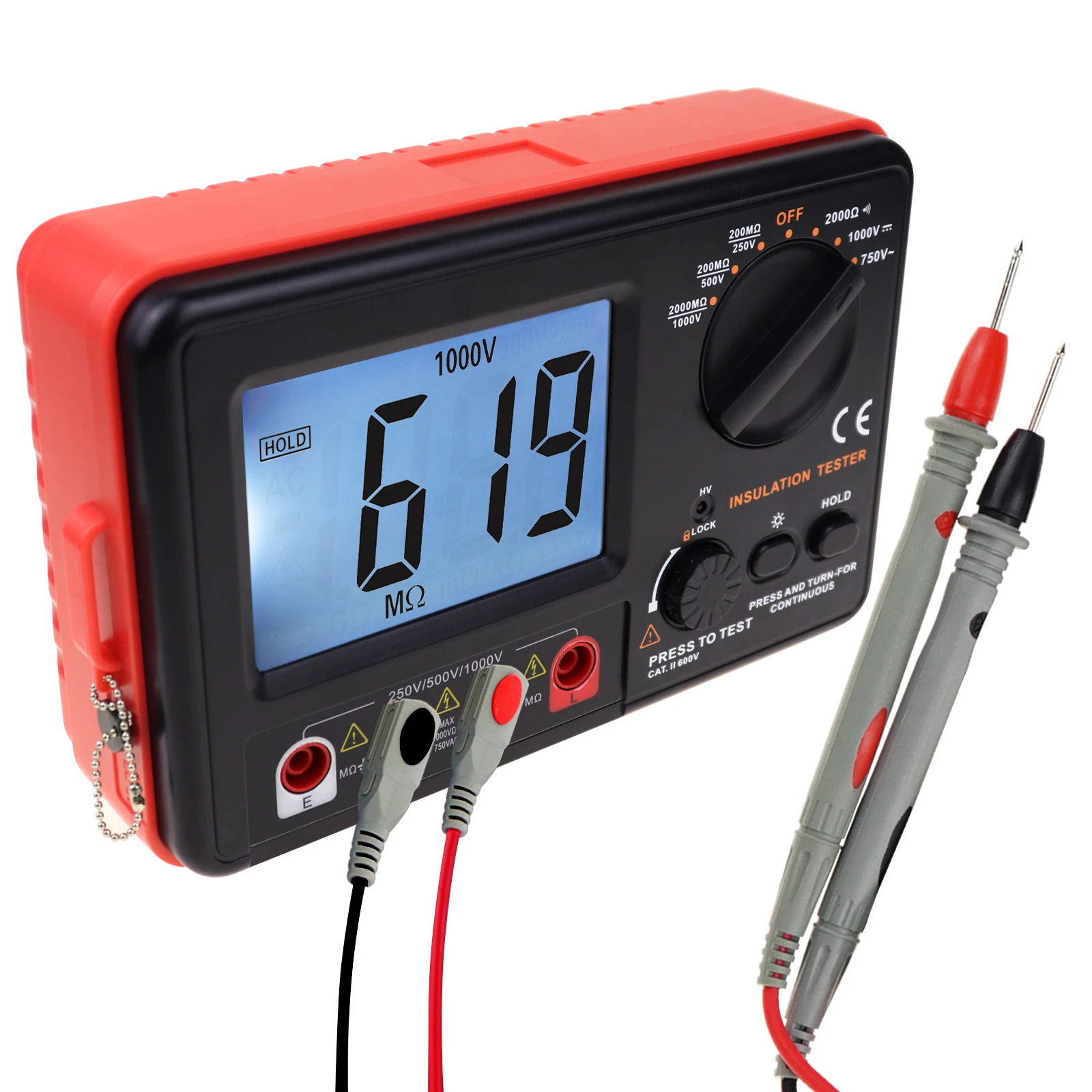 Digital Portable Insulation Resistance Tester Meter 250V / 500V / 1000V Output Large LCD Display W/ Blacklight and Buzzer Alarm