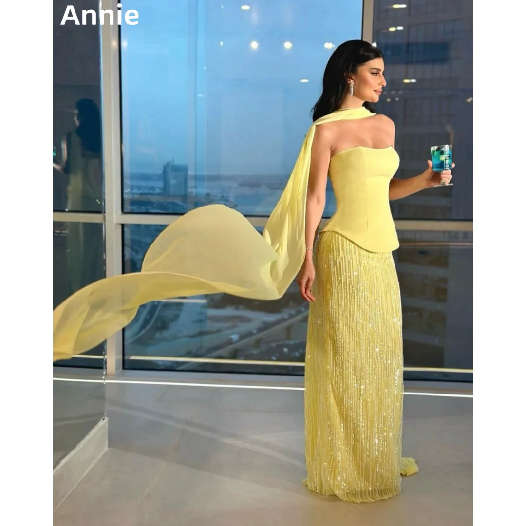 

Annie Yellow Пром платья Шифоновый шарф Вечерние платья Блестящий тюль Роскошные элегантные женские платья для торжественных случаев فساتين سهرة