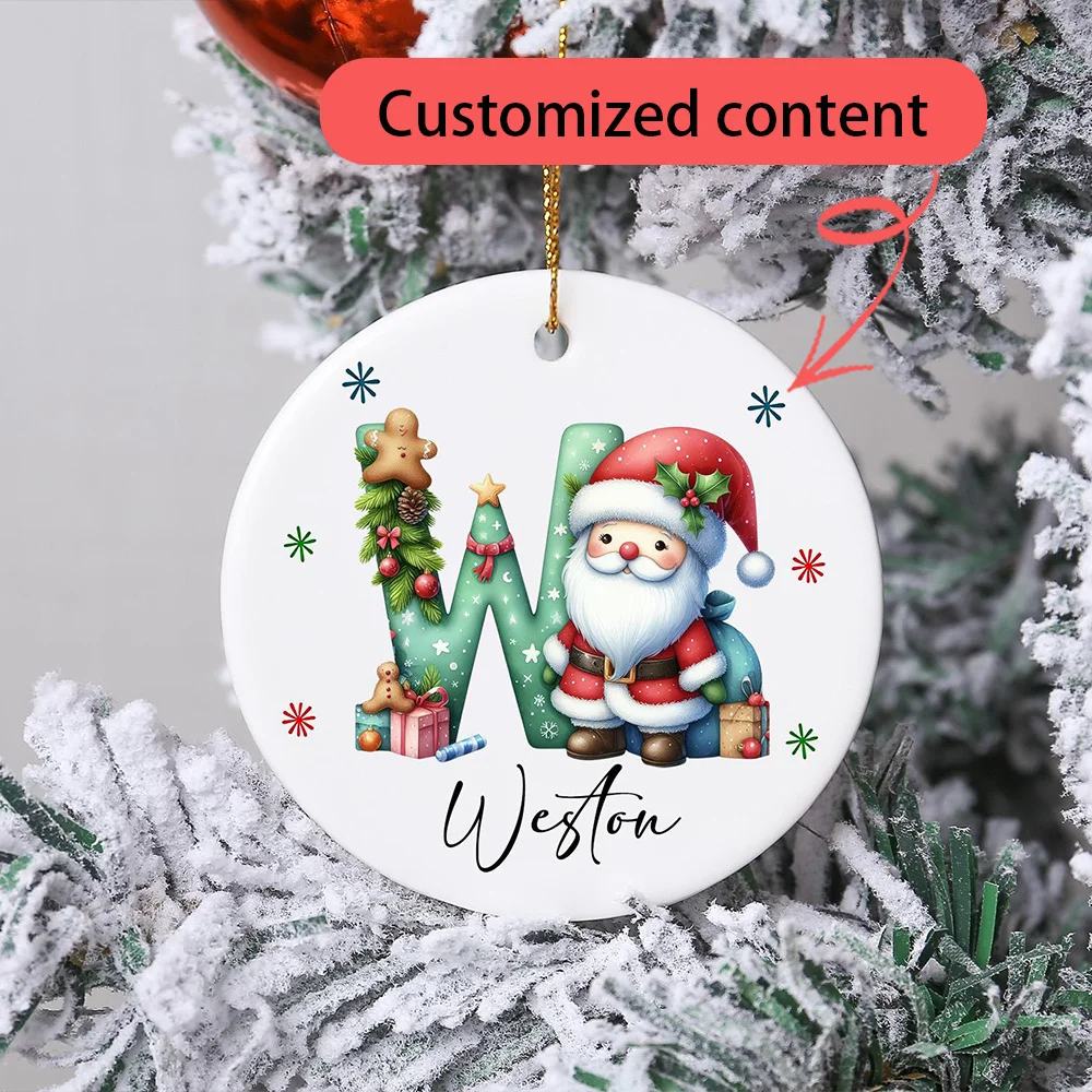 Custom Santa Initial Christmas Ornament Personalized Name Round Ceramic Xmas Tree Hanging Decoration, Custom Letter Keepsake Gif