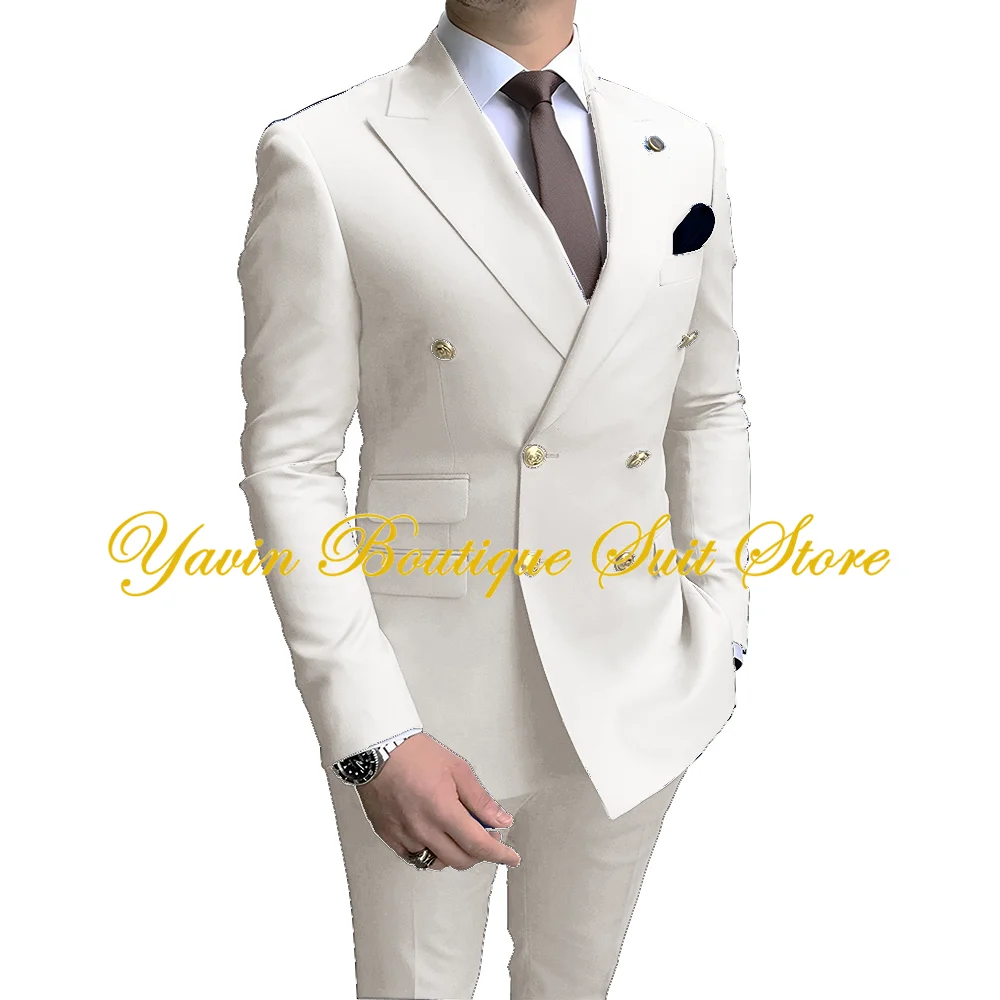 Formal Men\'s Suit 2 Pieces Slim Fit Double Breasted Blazer and Pants Solid Color Groom Tuxedo for Wedding