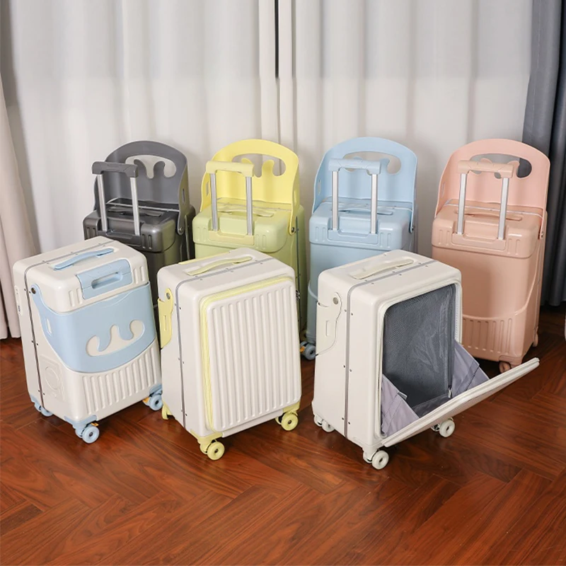 

Front Opening Suitcase Children Can Sit Ride 20/22 inch Boarding Travel Password Box Trolley Case Folding Cup Holder Brake