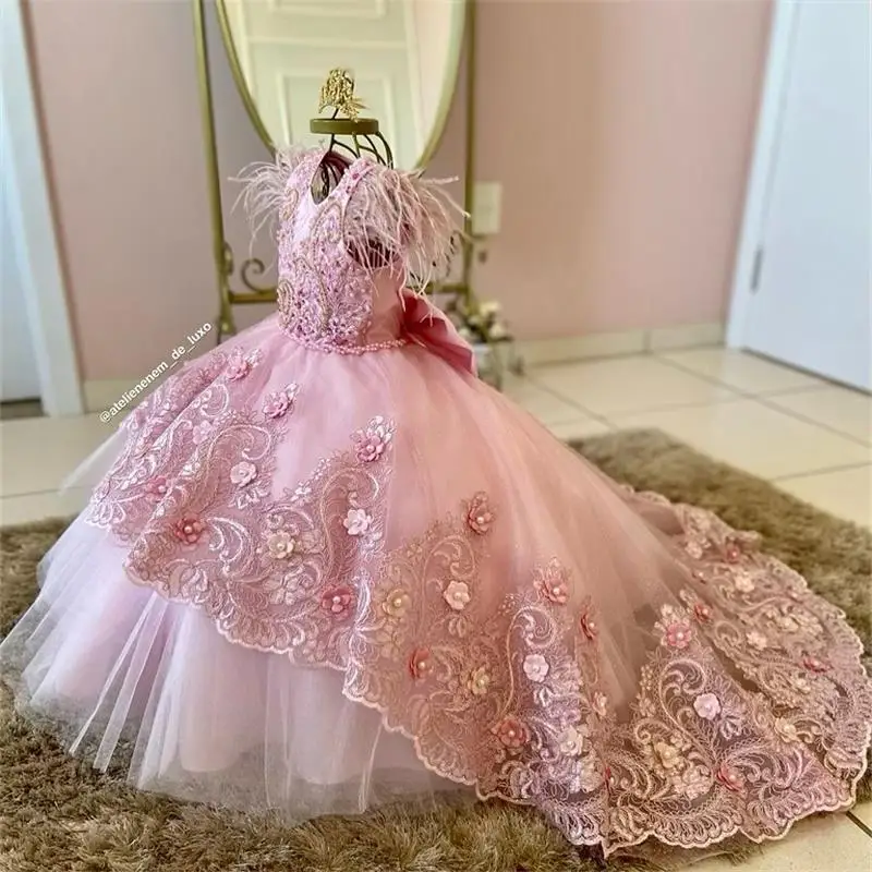 Pink Feather Flower Girl Dresses For Photoshoot Lace Litter Kids Pageant Gown Birthday Party Wedding First Communion Dress