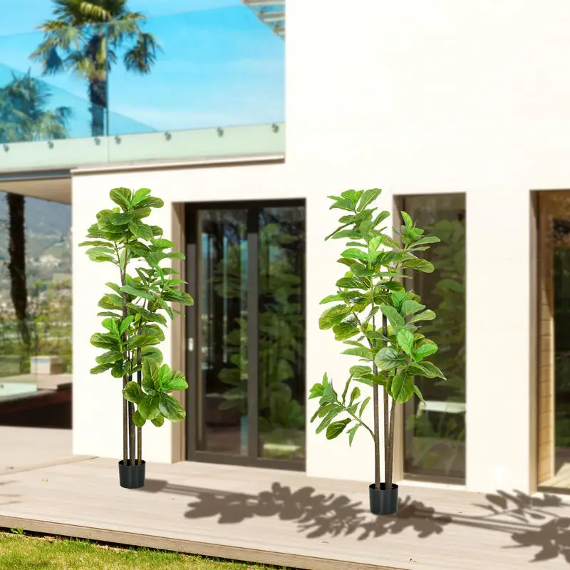 Lot de 2 plantes artificielles Figuier à feuilles de violon Ficus Lyrata hauteur 180cm avec Pot