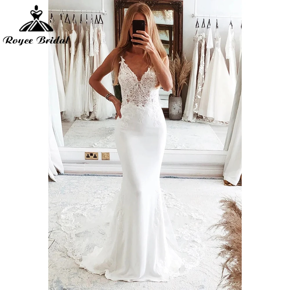 

Boho Wedding Dresses 2024 Appliques V Neck Backless Lace Mermaid Bridal Gowns Spaghetti Strap Sexy Country Wedding Party Dress