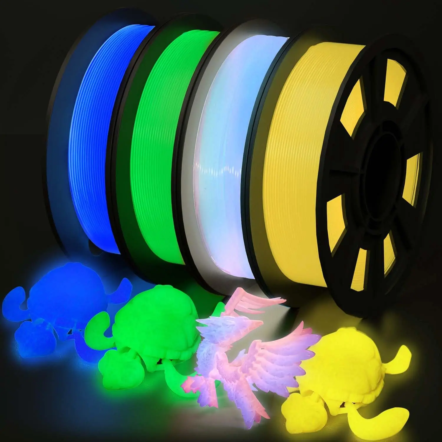 

4-Pack PLA Glow-in-The-Dark 3D Printer Filament Assorted Colors Blue Green Yellow Rainbow 250g Each 1.75mm Diameter