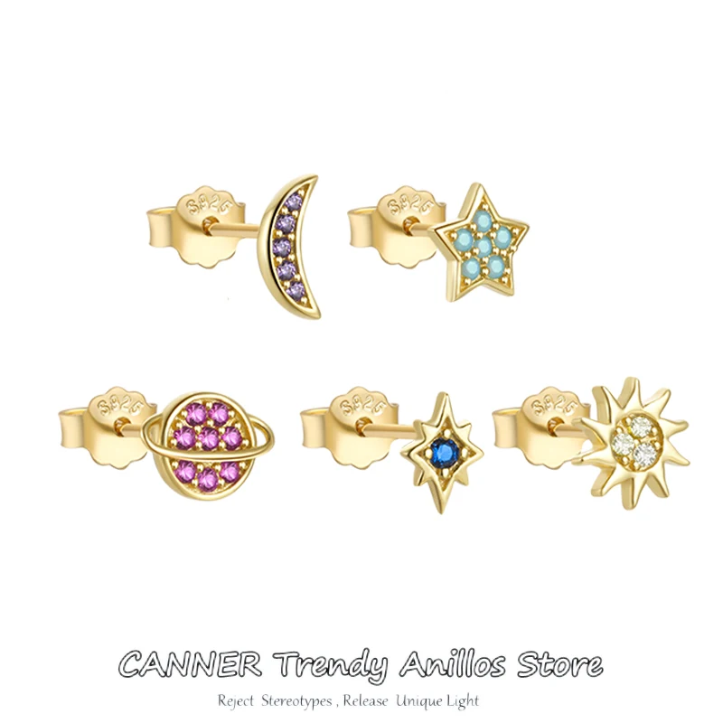 CANNER 5PCS/Set Piercing Aretes 925 Sterling Silver Moon Star Colors Zircon Stud Earring For Women plata de ley 925 Stud Jewerly