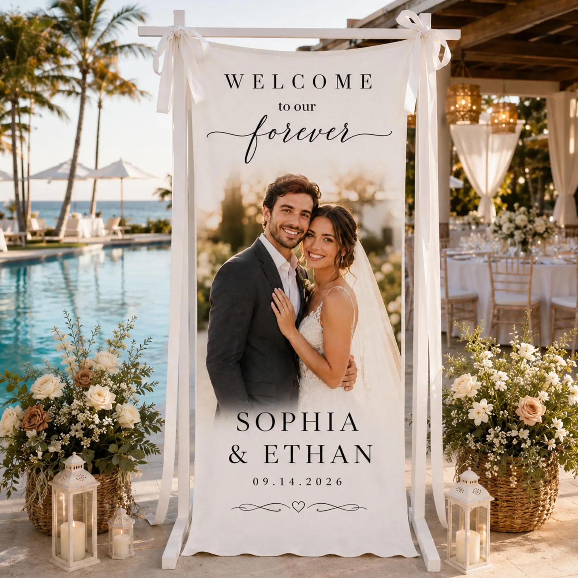 Personalized Wedding Welcome Banner, Custom Couple Photo Fabric Sign, Bride Groom Names and Date, Wedding Reception Decor
