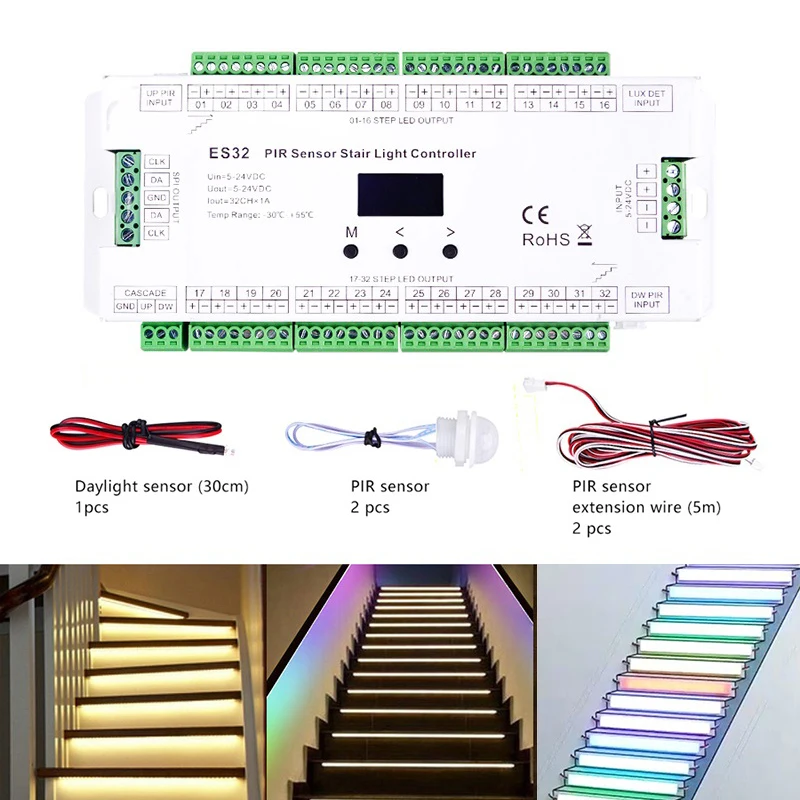 PIR Sensor Stair Light Controller 32CH Single Color 2CH RGB Pixel SPI LED Strip Dimmer Indoor Stairway Light Controller 5V-24V