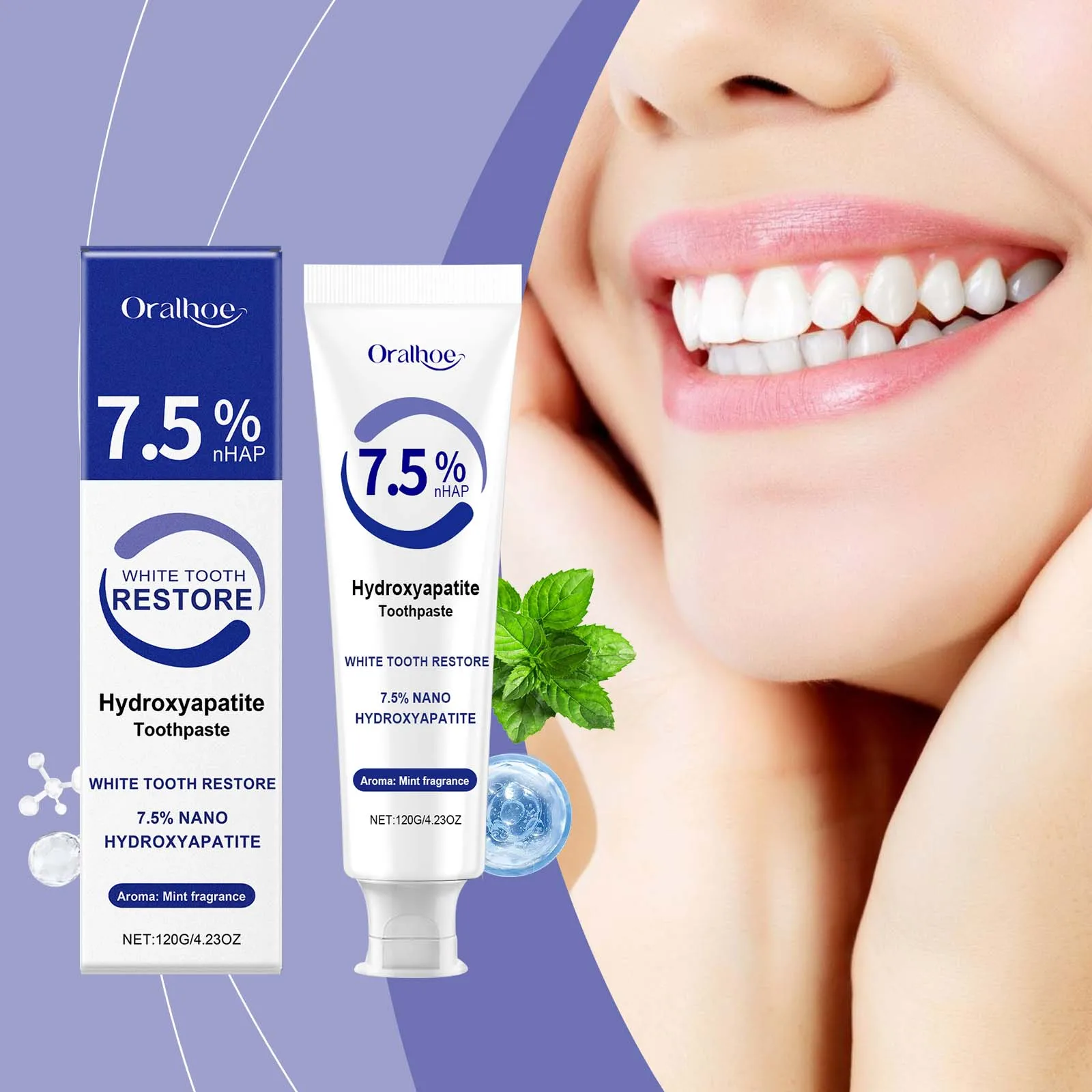 Oralhoe 120g pasta de dientes hidrosapatita 7,5% blanqueamiento dental higiene bucal olor fresco limpio sarro mancha brillo de dientes pasta de dientes