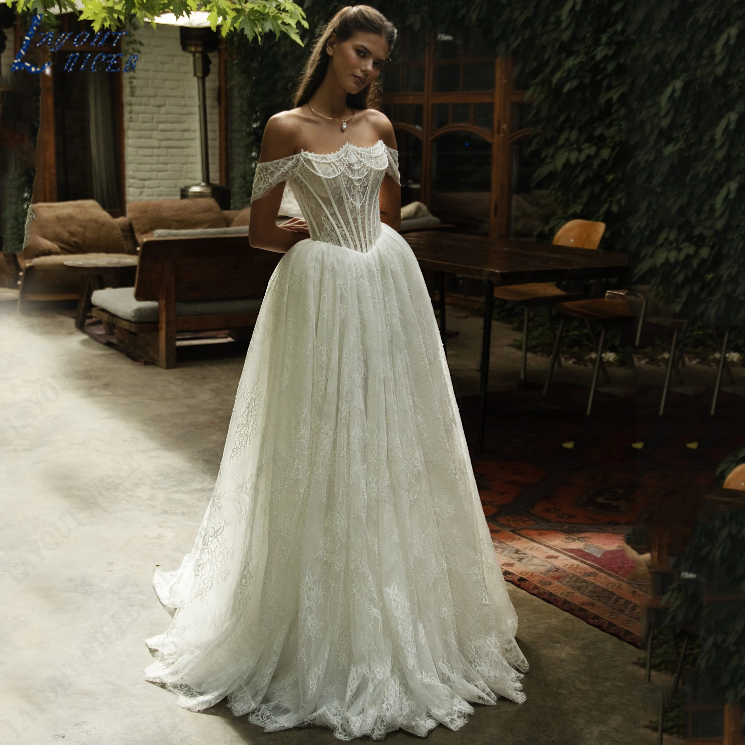 LAYOUT NICEB Customized Lace Boat Neck Bridal Gown Off The Shoulder With Pearl Wedding Dress A‑Line Romantic Bride Dresses