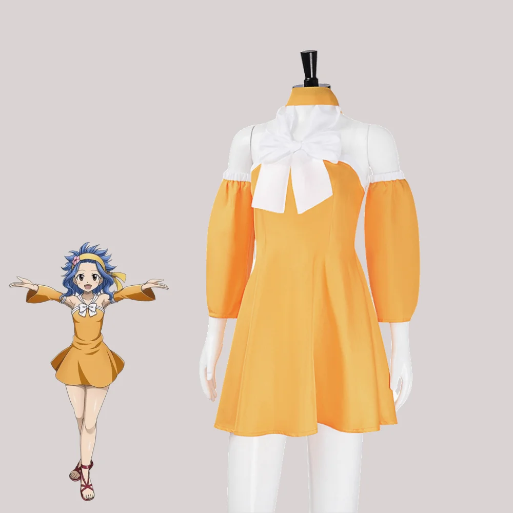 Levy McGarden Cosplay Costume, Anime Fairy Tail Levy Outfit, Yellow Dress With Bow, Female Anime Dress