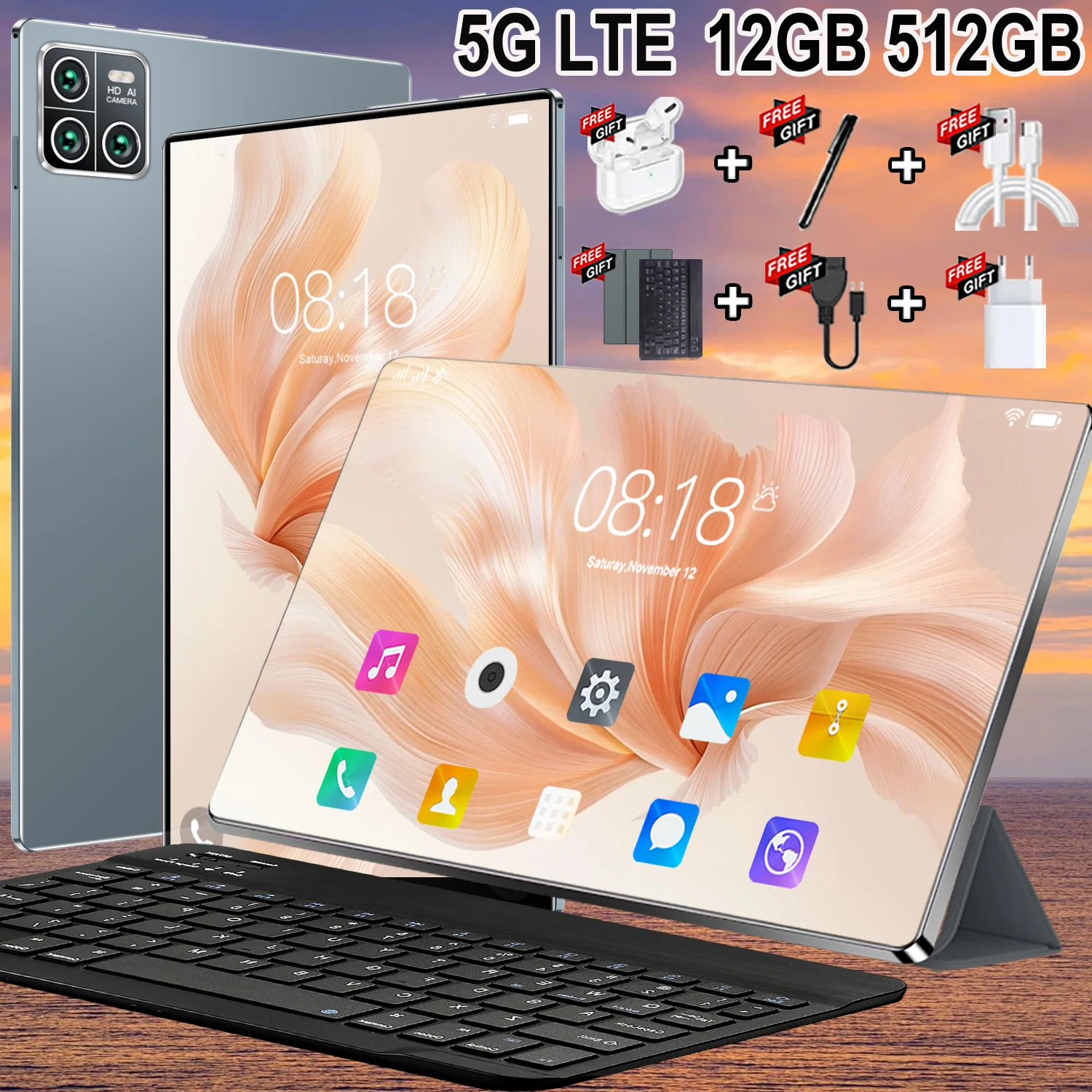 La tableta inteligente global más vendida, pantalla IPS 4K HD de 10,36 pulgadas, chip ultrarrápido de 14 núcleos, equipo Snapdragon 8 Gen2 Core, sistema estable Android 13, almacenamiento amplio de 12 GB + GB, batería de 20000 mAh, 5G WIFI Bluetooth WPS GPS, tableta portátil con doble cámara