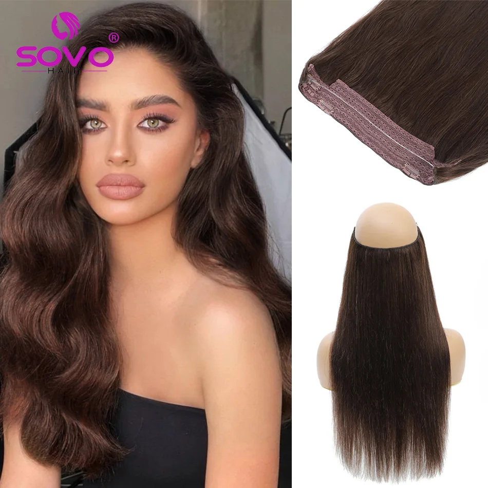 Straight Halo Hair Extensions 100% Human Hair Hidden Wire Clip In Hair Ombre Brown Color Human Remy Fish Line Hair Extension