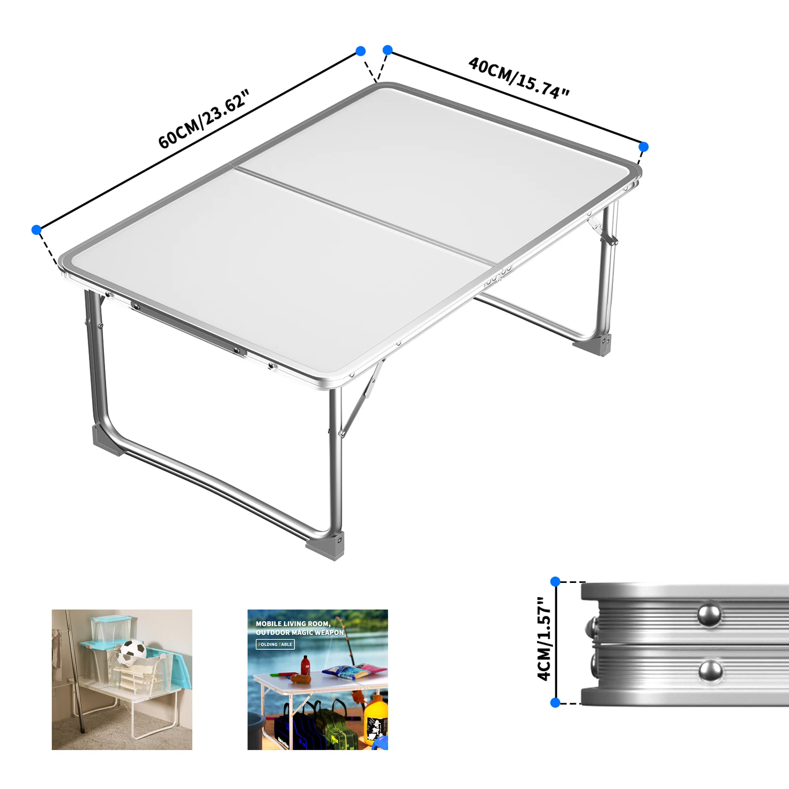 Mini Outdoor Camping Klapptisch, Tragbarer Picknicktisch, Strandtisch, Party-Picknick-BBQ-Tisch, Hochfester Ultraleichter Aluminium- & MDF-Tisch, 40x60x4cm, Weiß