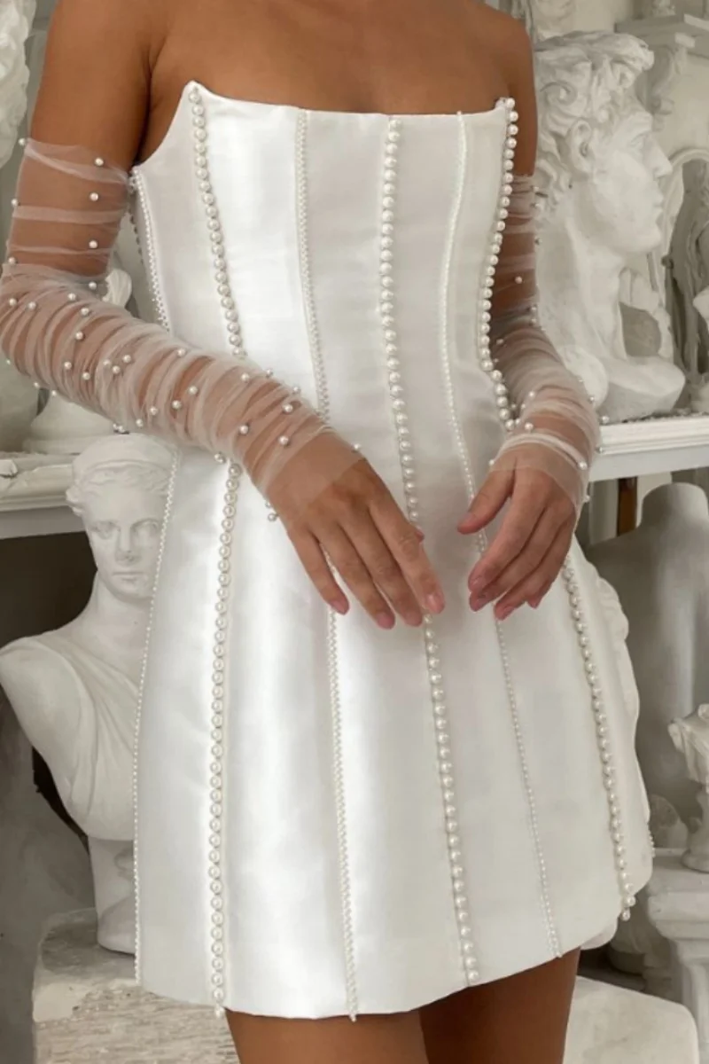 Jessica Gorgeous White Evening Dresses Handmade Pearls Prom Dresses Short Satin Off-shoulder Vestidos De Fiesta Customized