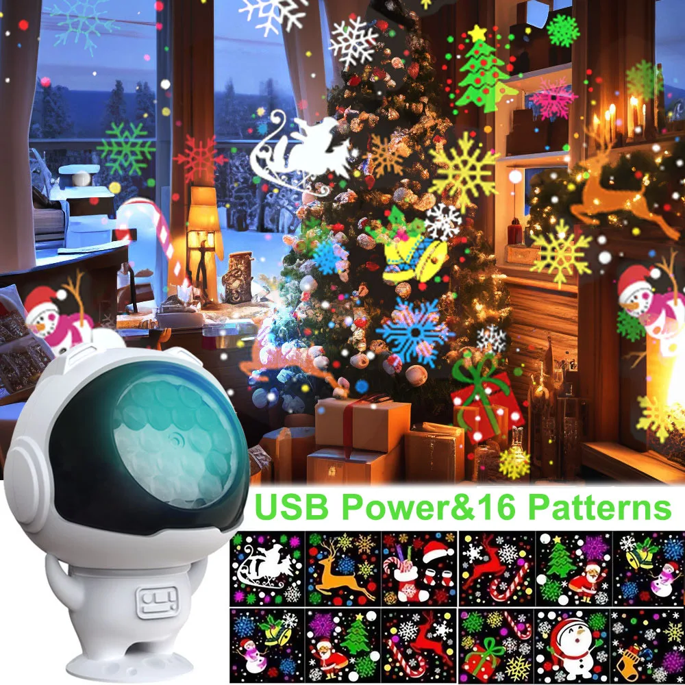 Proyector de Navidad dinámico con alimentación USB, luz LED con 360 °   Foco LED giratorio Proyector giratorio para adornos navideños