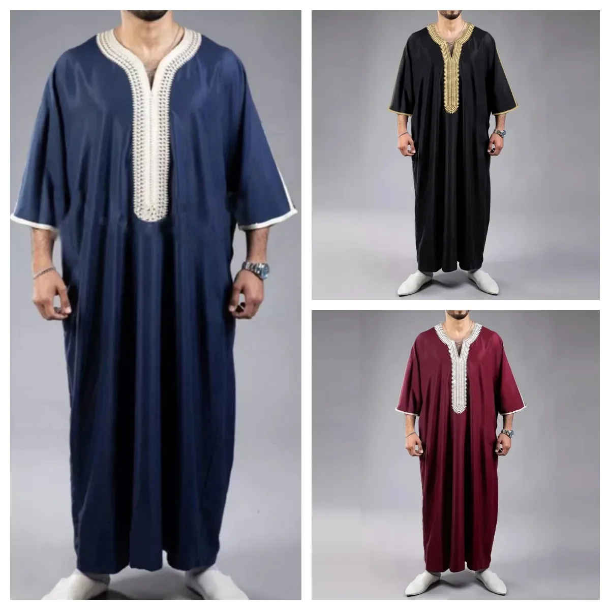 Zomer 2025, Kaftan Moslim Heren Korte Mouw Geborduurd Los Casual Gewaad Ademend Islamitische Abaya Voor Mannen - afbeelding 2
