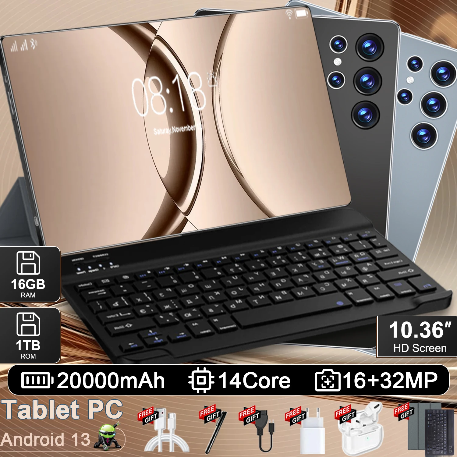 Tableta Táctil Android 13 de 10.36 Pulgadas, Versión Global, Procesador de 14 Núcleos, Memoria de 16Gb+1Tb, Batería de Gran Capacidad de