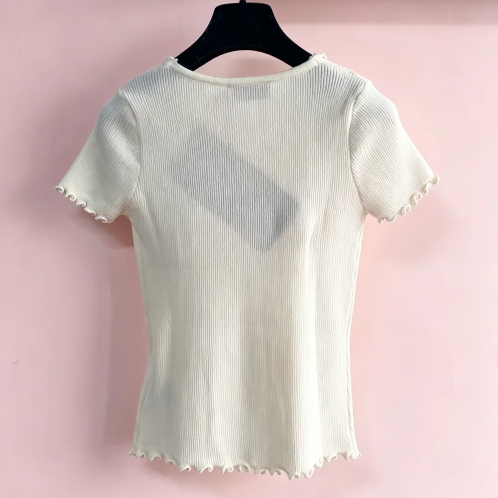 

2026 New Cream White Ribbed Top Women's Short Sleeve Lettuce Edge Knit T-Shirt 013