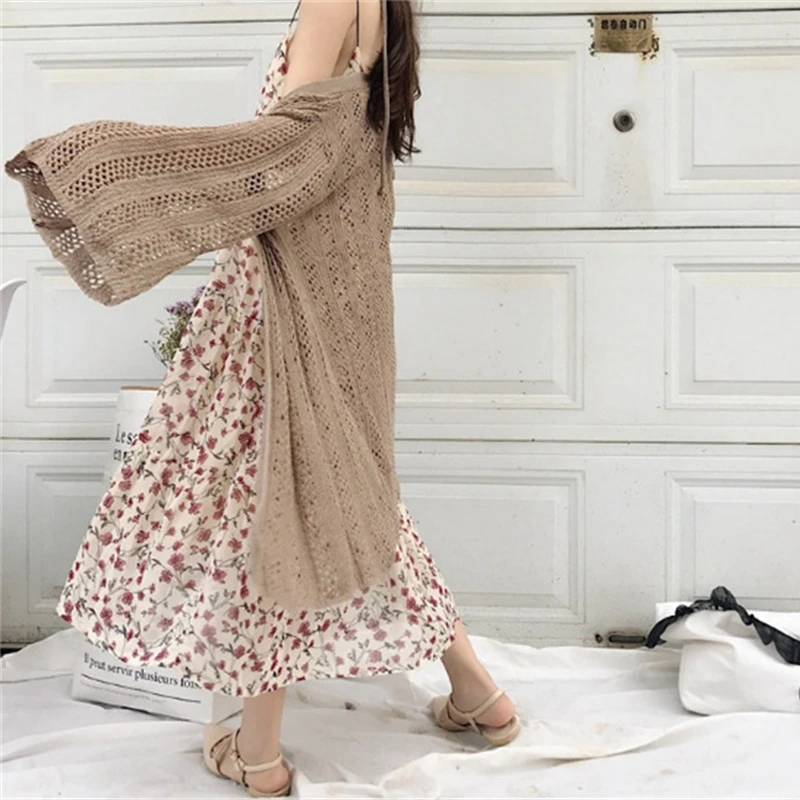 Women Long Sleeve Beach Knit Dress Female Cardigan Sexy Hollow Out Crochet Swimsuit Bikini Cover up Sarong