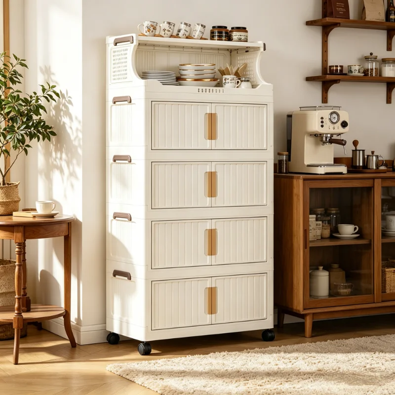 Foldable wheeled coffee corner storage cabinet, white plastic stackable storage cabinet, with magnetic door, multi-layer rolling storage cart, suitable for storage room, bedroom, living room, bathroom view 8