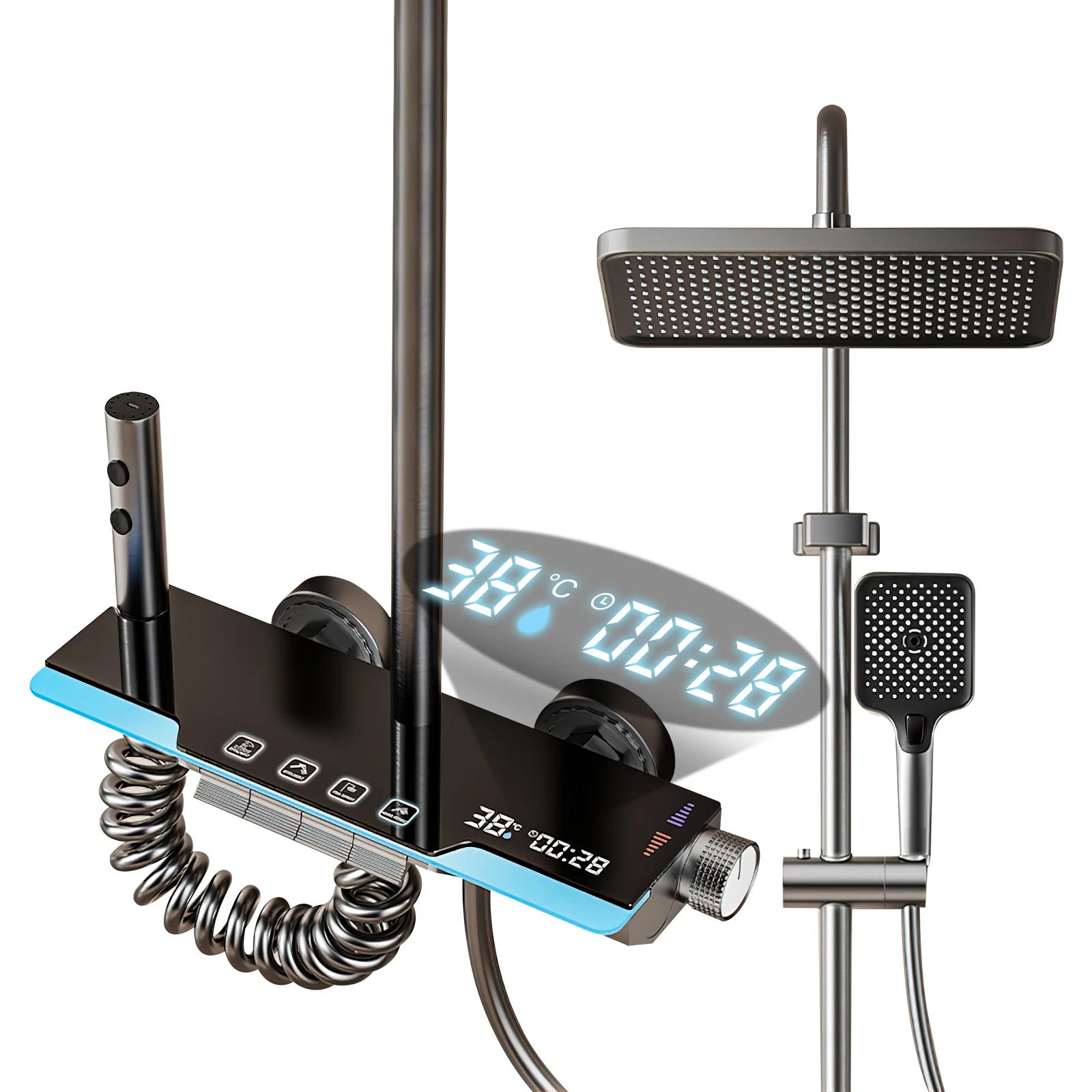 Slim thermostatisch douchesysteem met LED temperatuurweergave & regendouchekop, aluminium paneel met plank