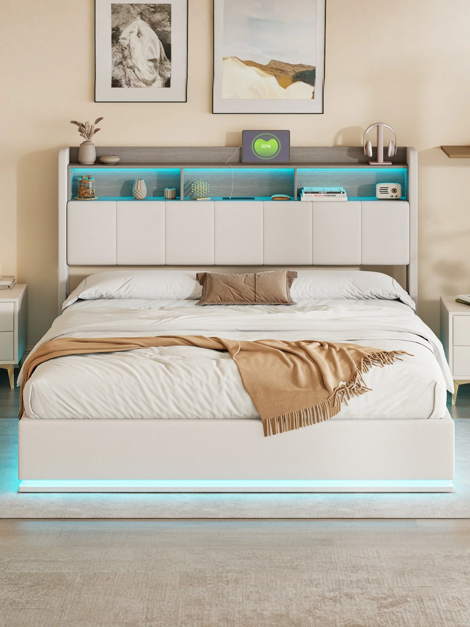 MINGZHE tweepersoonsbed 90/140/160x200 cm/140x190cm met LED USB, metalen structuur, fluweel, matras niet inbegrepen - afbeelding 2