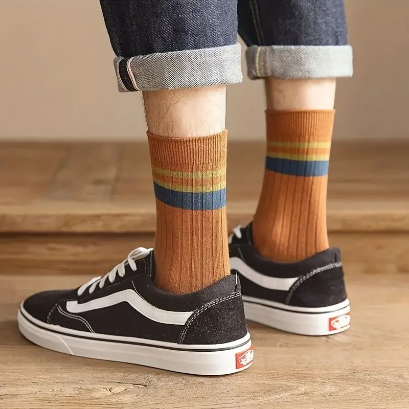 7 PCS Men\'s Striped Casual Breathable Socks High Quality Harajuku Retro Socks Anti-odor Sweat-absorbing Men\'s Cotton Socks