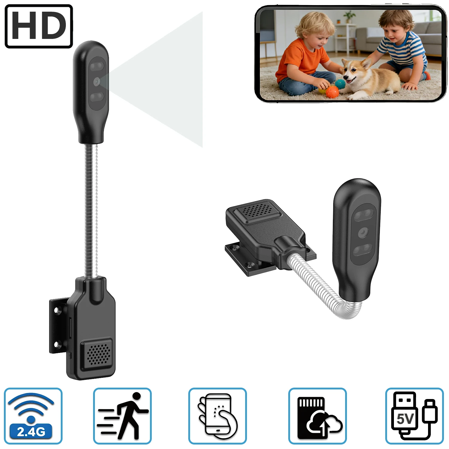 Nieuwe generatie flexibele zwanenhals WiFi baby- en huisdiermonitorcamera, plug-and-play zonder installatie, tweeweg audio beveiligingscamera voor thuis.